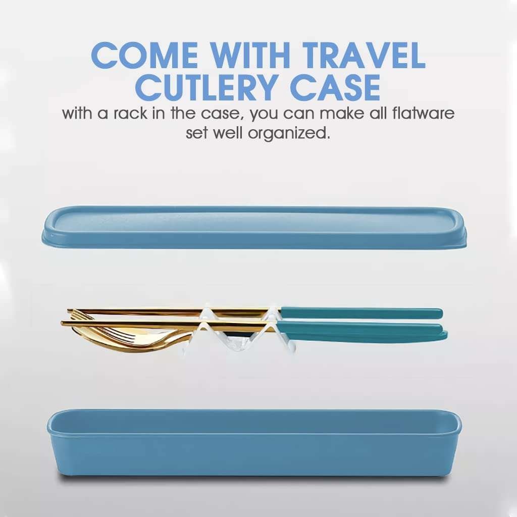 Fly World 3 Pcs Premium Gold Stainless Steel Fork Spoon Chopsticks, Portable Utensils with Box, Travel Camping Cutlery Set, Stainless Steel Flatware Set (Blue) - Image 2