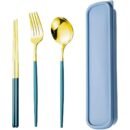 Fly World 3 Pcs Premium Gold Stainless Steel Fork Spoon Chopsticks, Portable Utensils with Box, Travel Camping Cutlery Set, Stainless Steel Flatware Set (Blue)