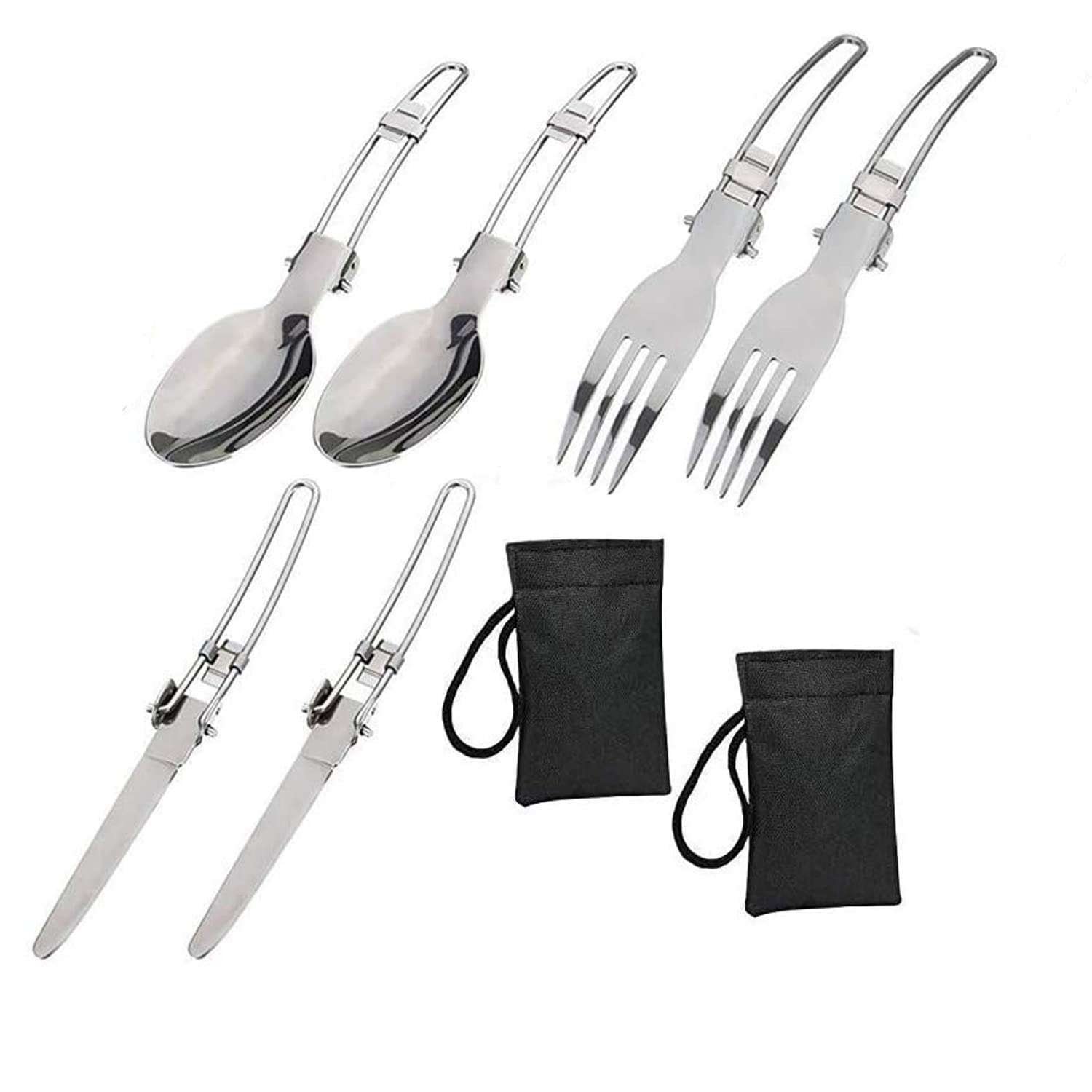 Flyworld 6 Piece Folding Camping Cutlery Set, Stainless Steel Portable Knife and Fork Spoon with a Nylon Pouch Cutlery Kit for Picnic Outdoor, Hiking, Travel
